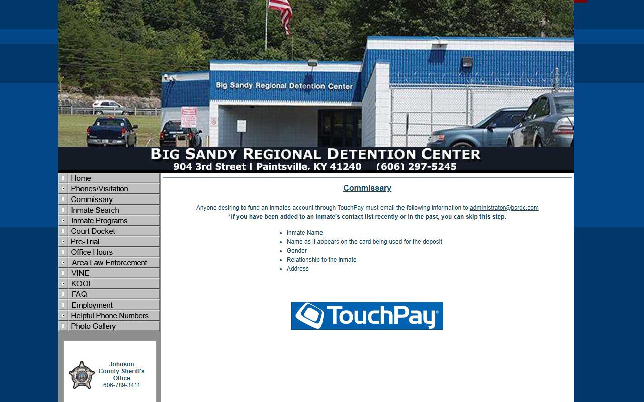 Martin County inmate records Big Sandy commissary TouchPay instructions
