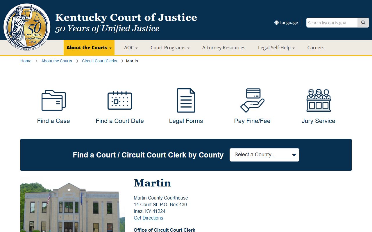 Martin County court records Kentucky Court of Justice courthouse page